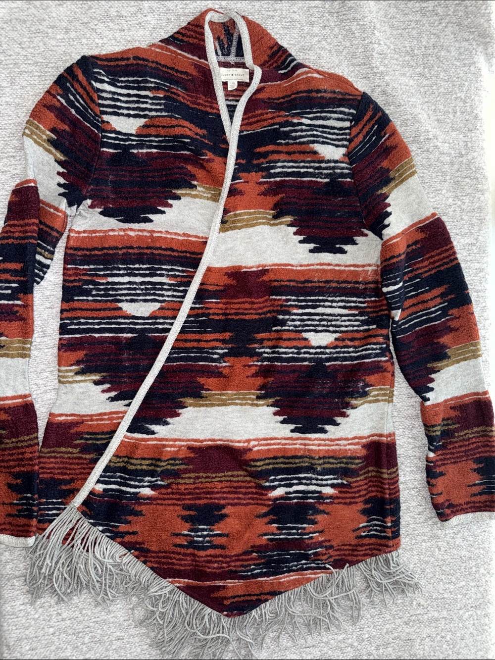 Lucky Brand Aztec Fringe Open-Front Knit Cardigan Sweater - Rust Multi Size L